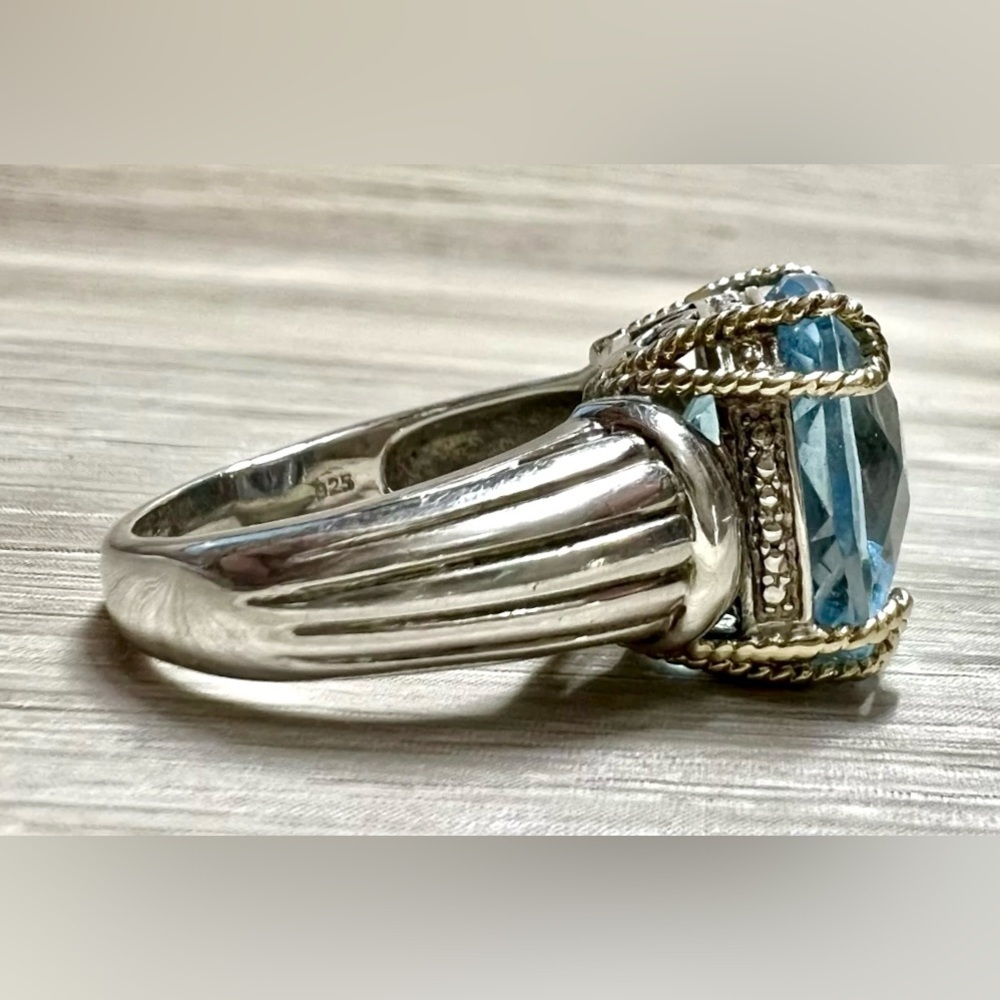 Vintage Designer Signed V Sterling Silver & 14K Yellow Gold 16mm Blue Topaz Ring - Picture 5 of 11